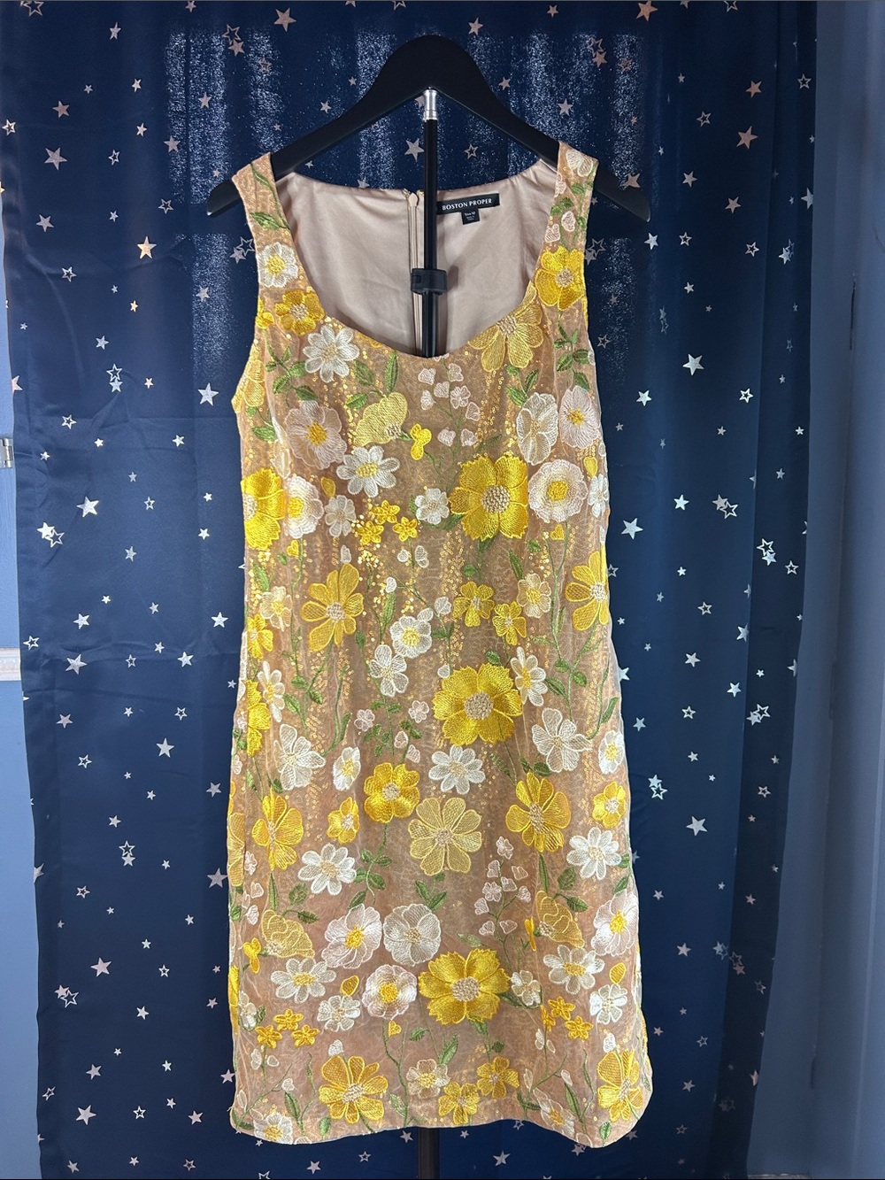 Boston Proper Yellow and Cream Floral Embroidered Sleeveless Dress